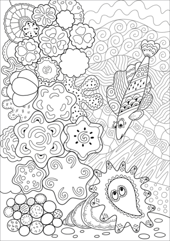 Grouper Found A Sea Shell In Coral Reef Coloring Page